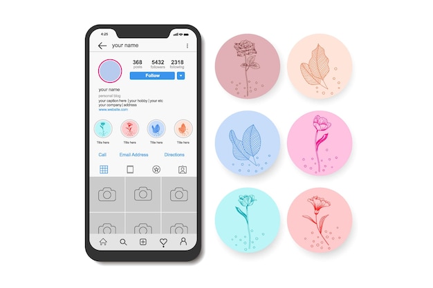 Destaques de histórias florais desenhadas à mão no Instagram.
