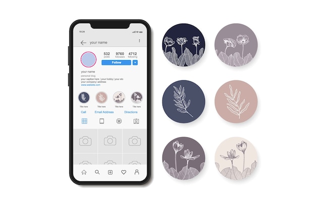 Destaques de histórias florais desenhadas à mão no Instagram.