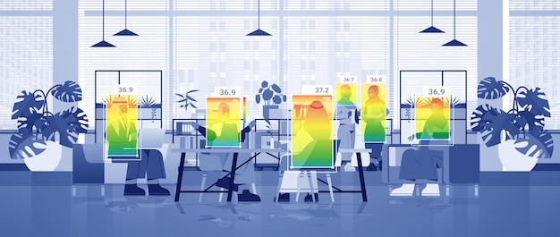 Detecção de temperatura corporal elevada de empresários árabes no escritório verificando por câmera ai térmica sem contato parar conceito de surto de coronavírus ilustração vetorial horizontal