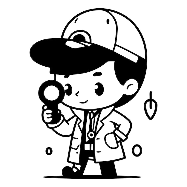 Vetor detective bonito com lupa ao estilo de desenho animado