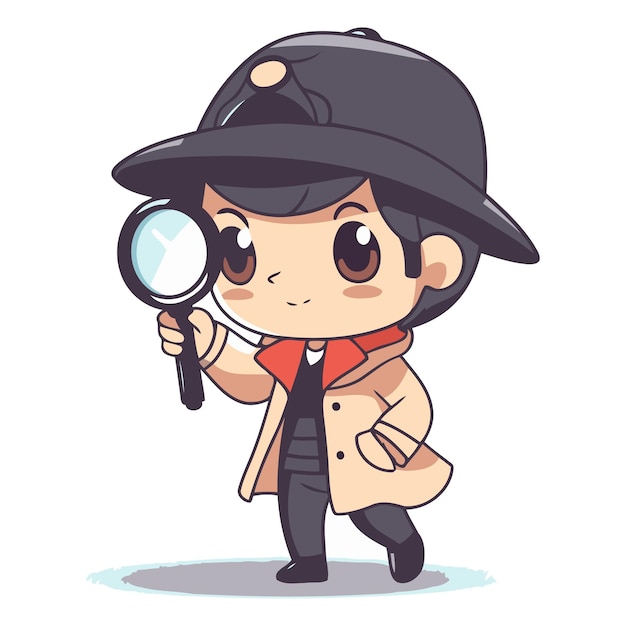 Vetor detective bonito com lupa e uniforme.