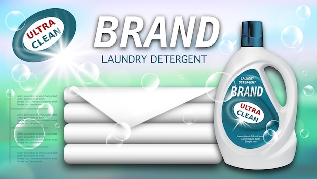 Detergente para a roupa em recipiente de plástico e toalhas limpas, design de embalagem para detergentes líquidos.