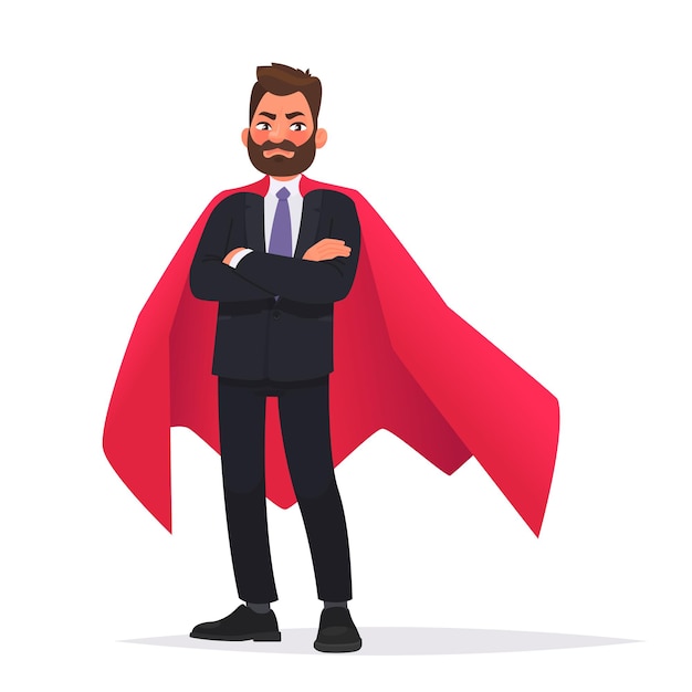 Determinado super-herói do empresário ou trabalhador de escritório em um manto vermelho. o conceito de liderança e força nos negócios. ilustração vetorial no estilo cartoon.