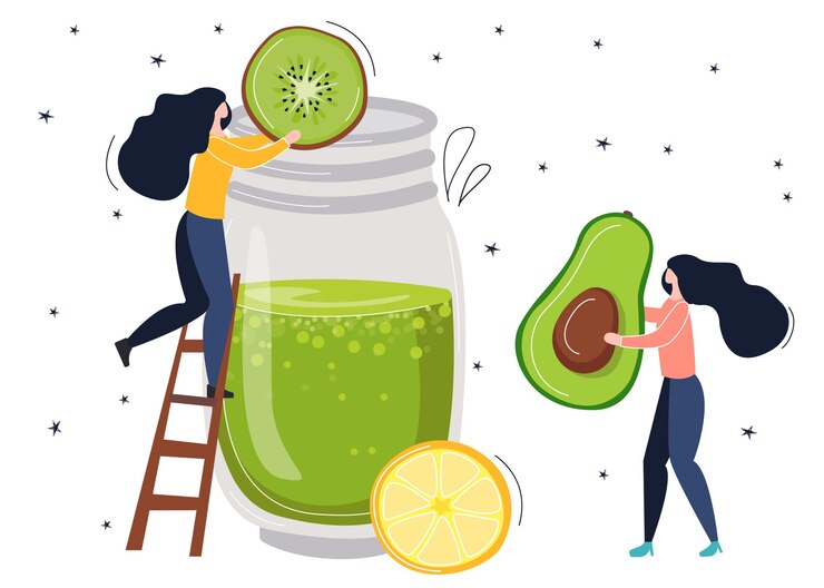 Vetor detox smoothie com avacado kiwi e limão. pequeno vetor pessoas fazem um coquetel de bem-estar. ilustração de estilo plano e desenho à mão