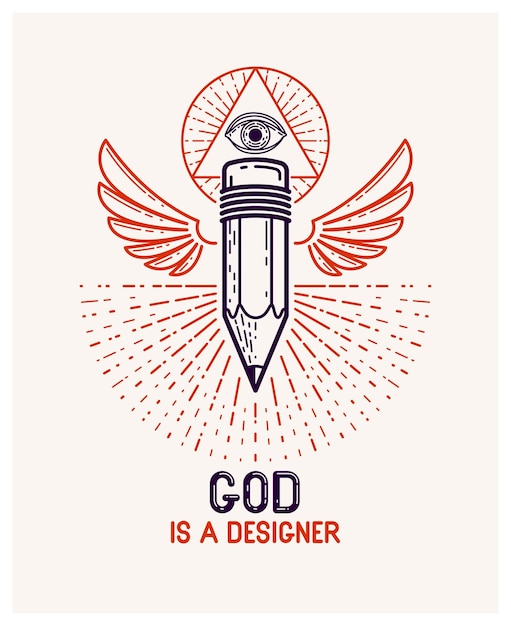 Deus é um conceito de designer, lápis com asas e todos os olhos de deus em triângulo de geometria sagrada, deus é um artista, logotipo vetorial ou ícone em estilo linear moderno.