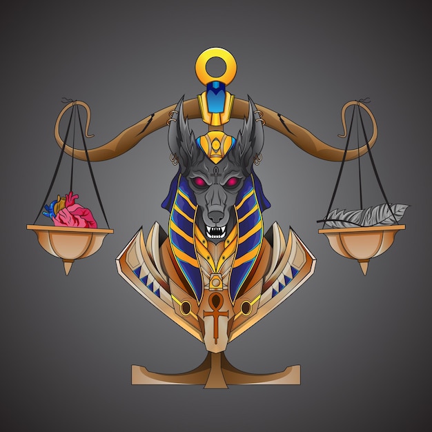Deus egípcio anubis mede o coração humano e caneta em escalas sagradas deus da morte
