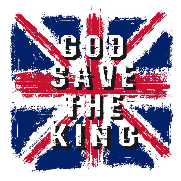 Deus salve o rei texto com bandeira do reino unido grunge pincel texturizado fundo vintage