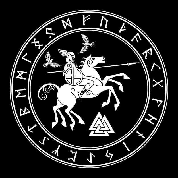 Vetor deus wotan montado em um cavalo sleipnir com uma lança e dois corvos em um círculo de runas nórdicas