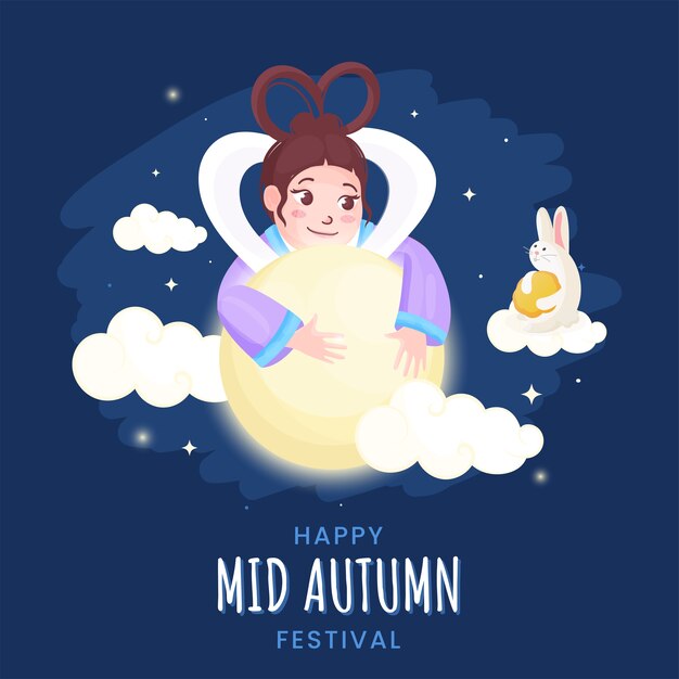 Deusa chinesa (chang'e) da lua com cartoon bunny segurando mooncake e nuvens decoradas em fundo azul para happy mid autumn festival.