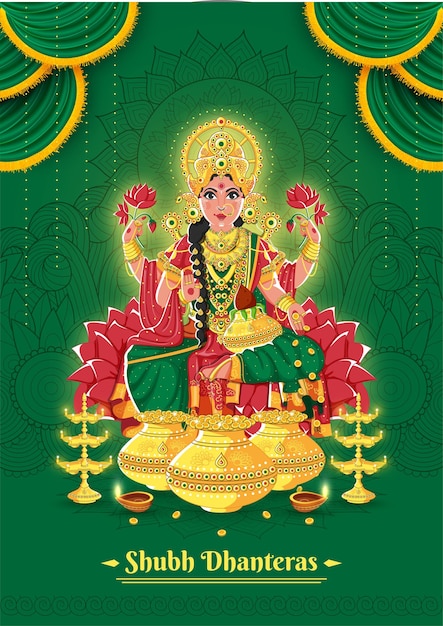 Deusa Laxmi com lâmpada dourada e pote sobre fundo verde com Shubh Dhanteras Hindi Text