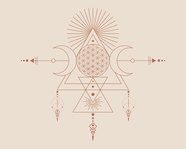 Deusa tríplice e flor da vida, geometria sagrada, triângulos tribais, fases da lua em shaman boho