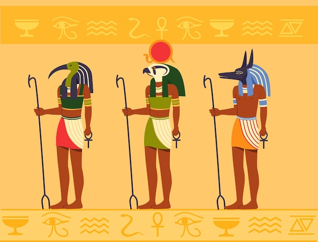 Deuses egípcios definir silhuetas abstratas pessoas com cabeças de animais personagens africanos tradicionais mitologia e cultura desenhos animados coleção de vetores planos isolados em fundo amarelo