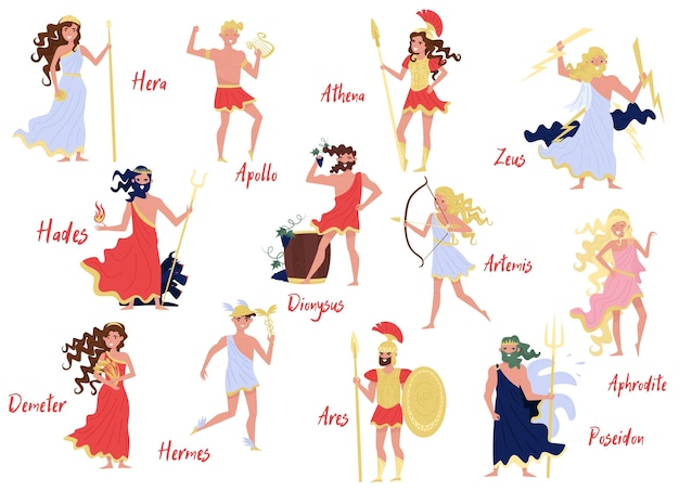 Vetor deuses gregos hera dionysus zeus demetra hermes ares artemis afrodite poseidon mitos da grécia antiga personagens de desenhos animados vetor ilustração isolada em fundo branco