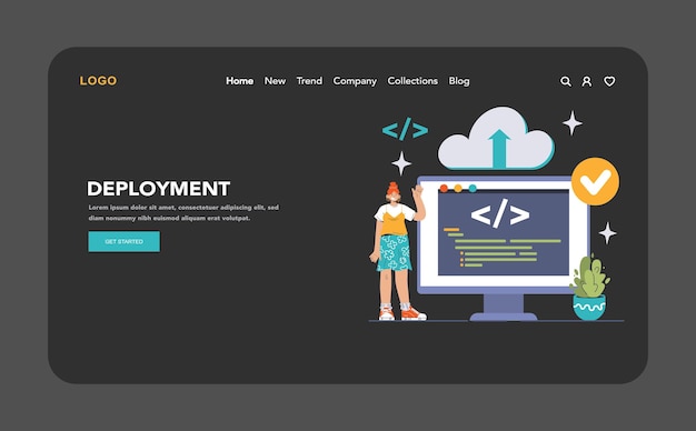 Vetor devops web banner ou landing page modo escuro ou de noite desenvolvimento de software e suas operações vida