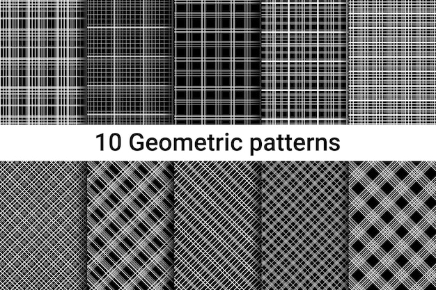 Dez padrões abstratos sem emenda. listras brancas em um fundo preto. linhas horizontais, verticais e diagonais. estilo estrito. ilustração vetorial.