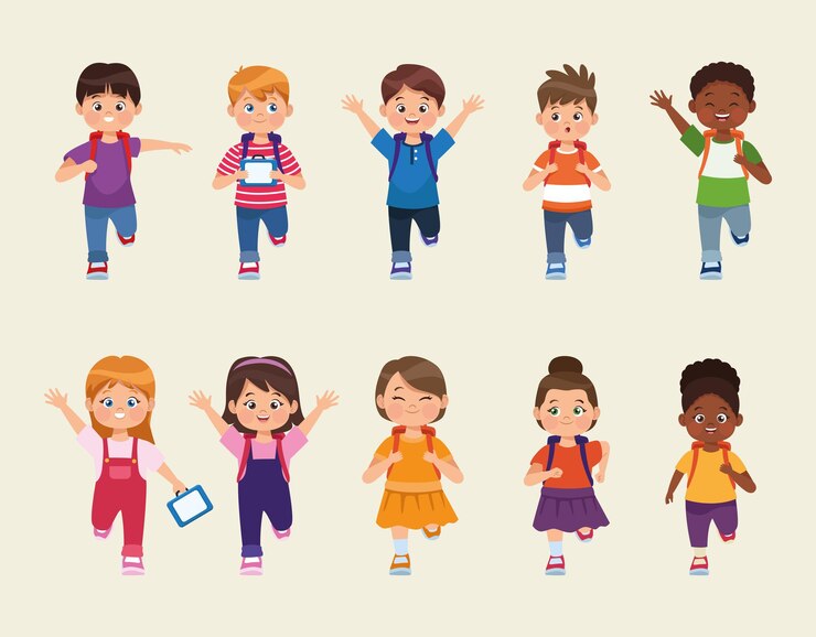 Vetor dez personagens de pequenos alunos