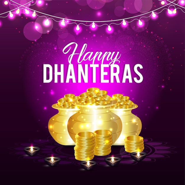 Dhanteras felizes com fundo de pote de moeda dourada