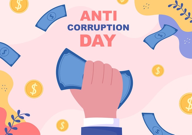 Dia anticorrupção, que é comemorado a cada 9 de dezembro para dizer ao público para parar de dar dinheiro com um cartaz de proibição em ilustração plana