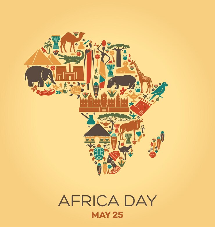 Dia da África em 25 de Maio Ilustração com símbolos da cultura e da natureza africanas