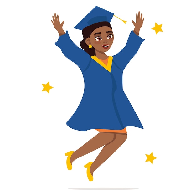 Dia da formatura menina negra graduada em um vestido em um manto e um boné acadêmico quadrado saltando