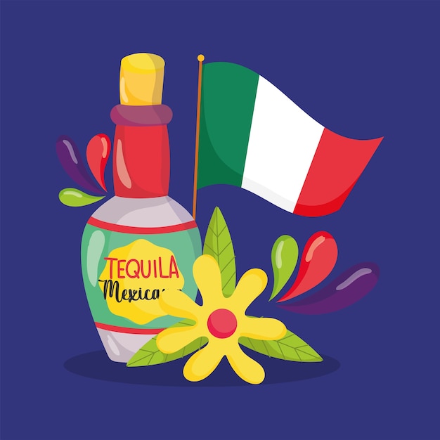 Dia da independência do méxico, flor e bandeira de tequila em garrafa, viva méxico é comemorado na ilustração de setembro