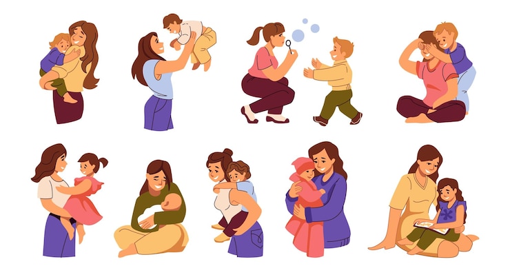 Vetor dia da mãe mãe com bebê criança abraçando criança feriado familiar de primavera crianças brincando e lendo fêmea segurando recém-nascido doodle pessoas abraçam vector esboço elementos conjunto