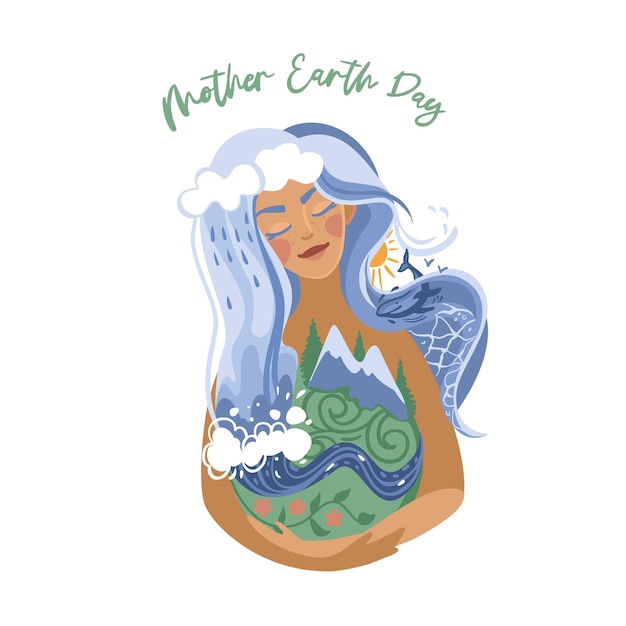 Dia da mãe terra mulher abraçando o planeta mundo natural vetor de férias internacionais