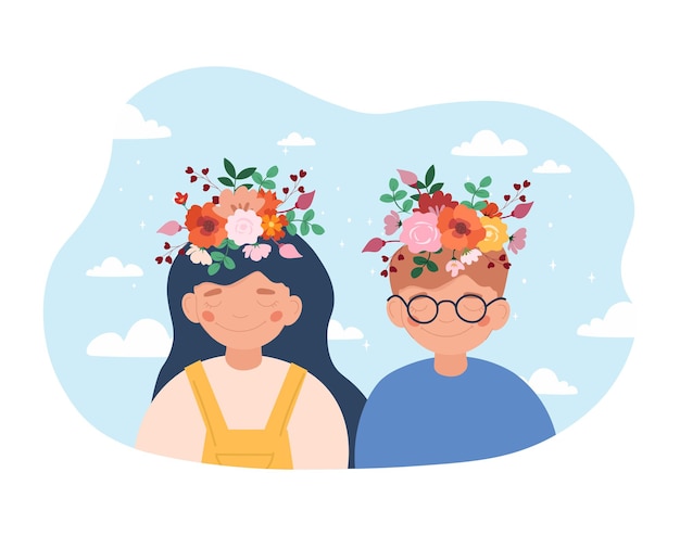 Dia da saúde mental. menino e menina estão com flores na cabeça. psicologia e autoconfiança, paz interior. ajuda e suporte. jovens na natureza, amigos. ilustração em vetor plana de desenho animado