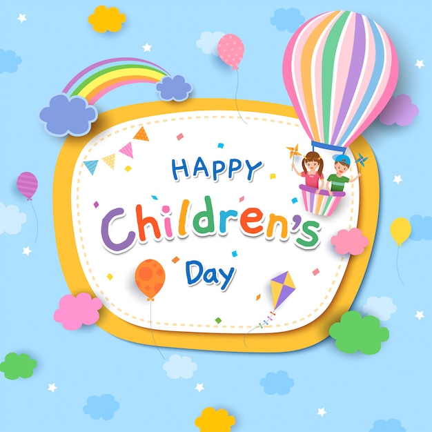 Dia das crianças com menino e menina no balão e arco-íris