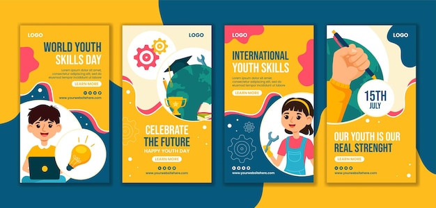 Dia das Habilidades da Juventude Histórias de Mídias Sociais Cartões planos Templates desenhados à mão Ilustração de fundo