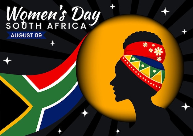 Dia das Mulheres Feliz na África do Sul Celebração Ilustração vetorial com uma mulher negra étnica e agitando a bandeira em um fundo plano de feriado nacional
