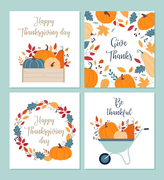 Dia de ação de graças. conjunto de modelos de cartões de felicitações. símbolos desenhados à mão, abóboras e folhas de outono.