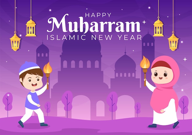 Dia de Ano Novo Islâmico ou 1 Muharram Vector Ilustração de Fundo de Família Muçulmana celebrando