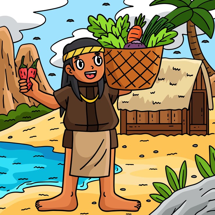 Vetor dia de colombo homem nativo cesto colheita colorido