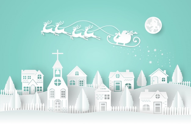 Dia de Holi, Natal, estilo do corte do papel Papai Noel e veados estão correndo e voando no céu.