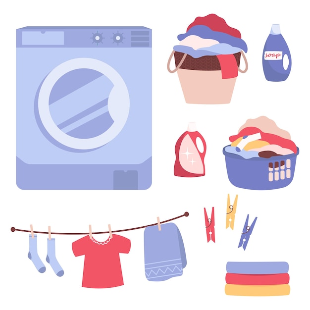 Dia de lavar roupa em casa Conjunto de elementos de lavanderia cesta de decoração de máquina de lavar com roupas