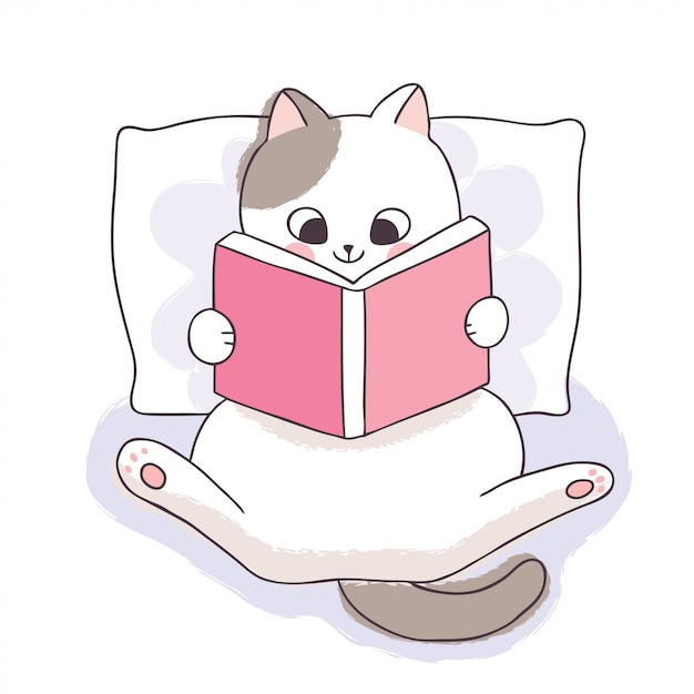 Dia de livro bonito dos desenhos animados, livro de leitura adorável gato branco