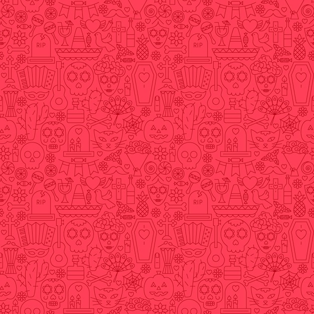 Dia de los muertos linha padrão sem emenda. ilustração em vetor de fundo tileable do contorno.