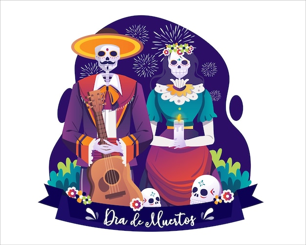 Dia de los muertos mexican holiday com catrina e uma ilustração de músico mariachi