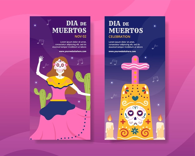 Dia de los muertos ou dia dos mortos modelo de banner vertical desenhado à mão ilustração dos desenhos animados