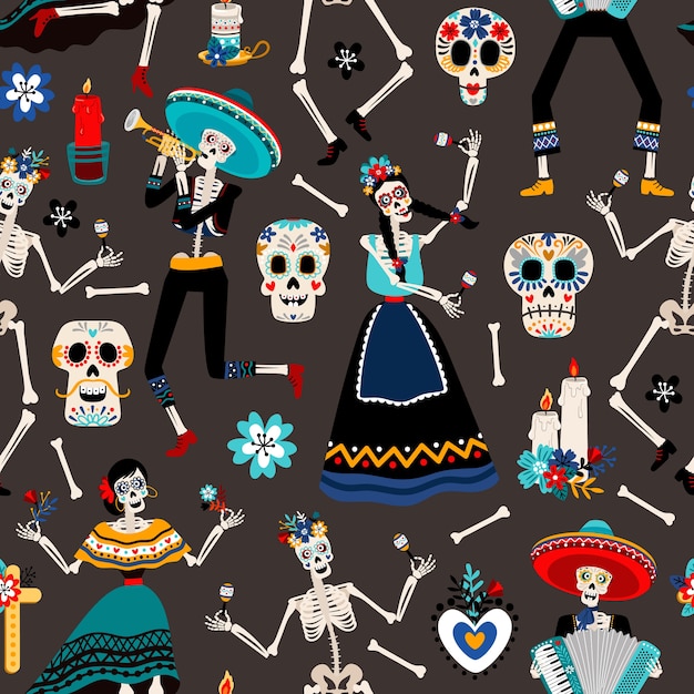 Dia de los muertos, padrão mexicano do dia dos mortos com ilustração de caveiras, esqueletos e flores