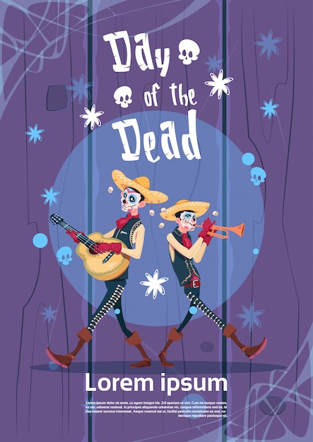 Dia de morto tradicional mexicana do dia das bruxas feriado decoração de festa banner convite skeleton play guitarra