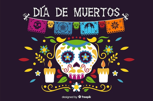 Vetor dia de muertos plana com fundo de caveira e velas