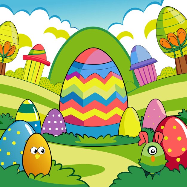 Vetor dia de páscoa caça a ovos crianças felizes desenho de ilustração plana de papel de parede template de fundo
