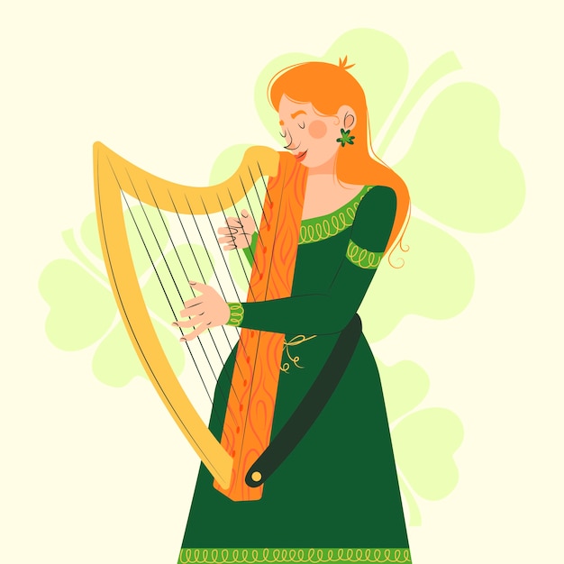 Vetor dia de são patrício desenhado à mão. mulher tocando harpa.