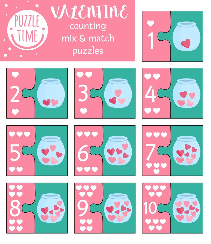 Vetor dia de são valentim de vetor misturar e combinar o quebra-cabeça com os símbolos tradicionais do feriado. atividade matemática correspondente para crianças em idade pré-escolar. jogo educativo de contagem para impressão para crianças com corações na jarra