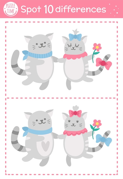 Dia de são valentim, encontre o jogo de diferenças para crianças. atividade educacional de férias com um casal de gatos engraçados. planilha para impressão com personagens fofinhos. quebra-cabeça para crianças com tema de amor