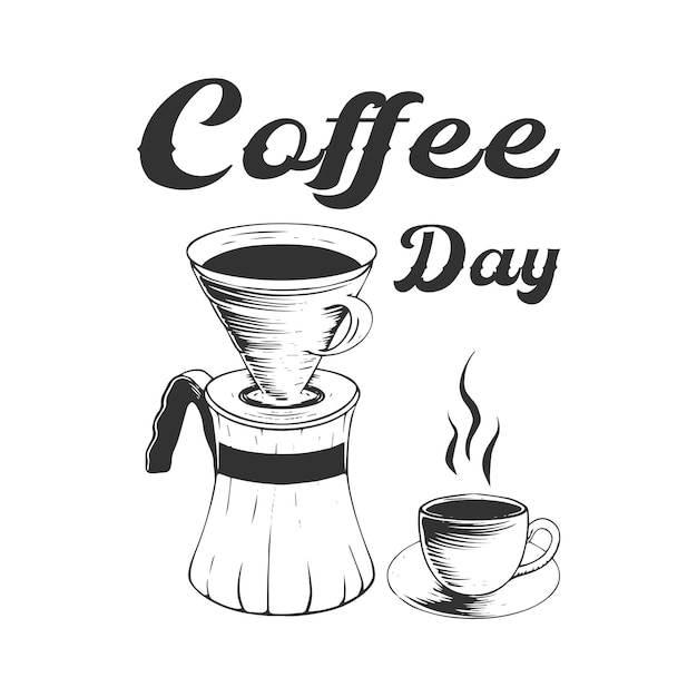 Vetor dia do café, desenho de mão, ilustração, design de camiseta e adesivo