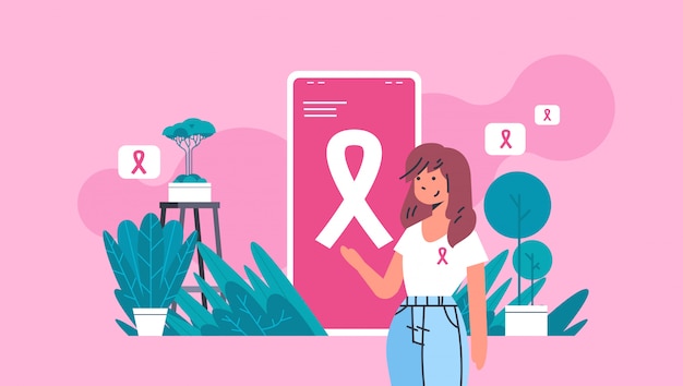 dia do câncer de mama mulher vestindo camiseta com fita rosa menina usando aplicativo móvel on-line conscientização da doença e prevenção conceito plana retrato horizontal