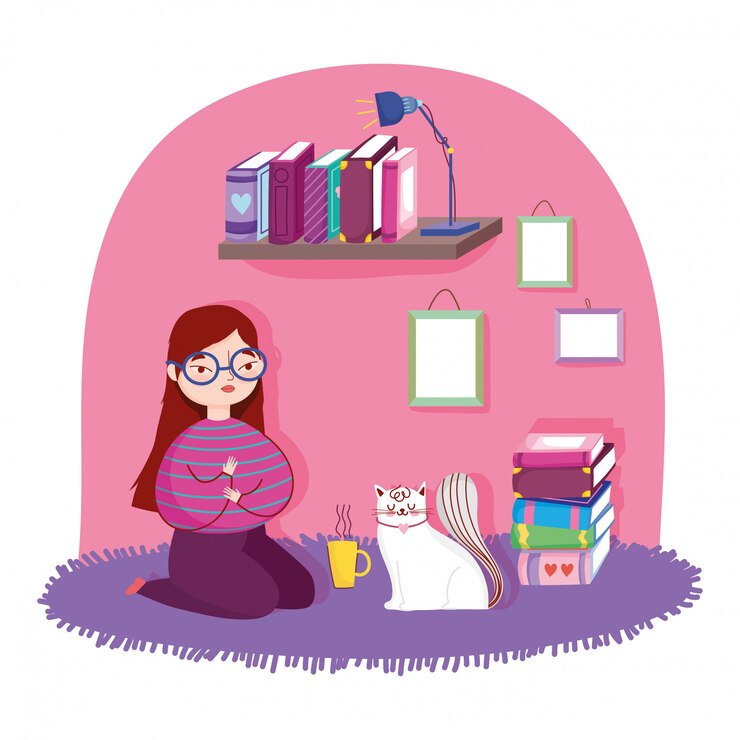 Vetor dia do livro, menina com xícara de café de gato e livros